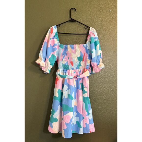 Fantastic Fawn Colorful Floral Puff Sleeve Mini Dress Large - Picture 7 of 9